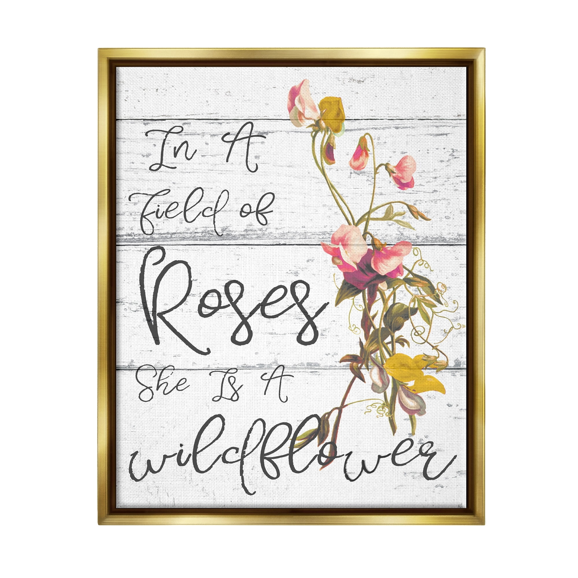 Stupell Industries Be a Wildflower Cursive Typography Metallic Gold Framed Floating Canvas Wall Art, 16x20, by Daphne Polselli