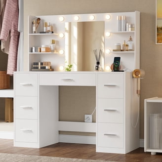Vabches Vanity Set with Sliding Mirror and Lights Makeup Table
