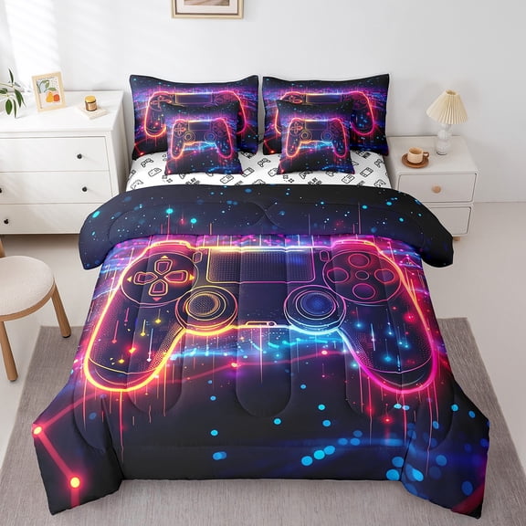 Gamepad Bedding Set Video Games Themed Twin 7 Pieces Comforter Sets,Clorful Game Neon Ligths Glitter Sheet Set Modern Gaming Gamer Bed Set Teens
