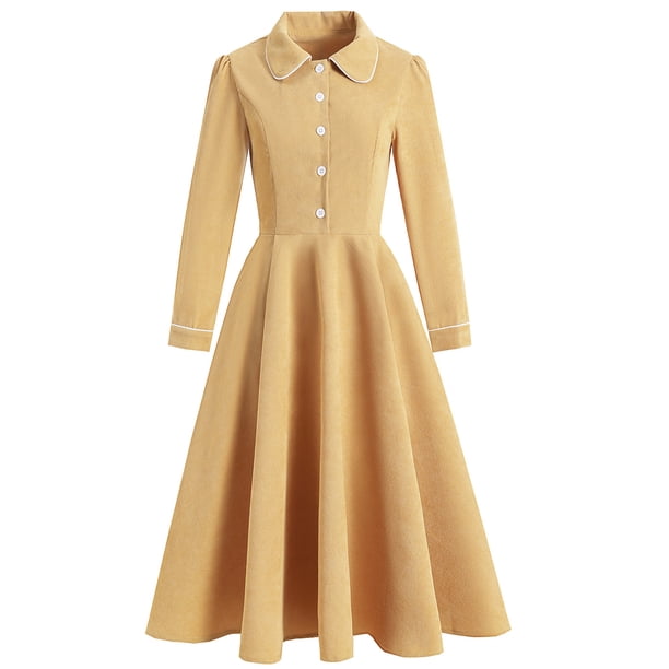 Moda mujer elegante sexy casual retro solapa manga larga color sólido vestido de longitud media Pompotops hdfakjf1829