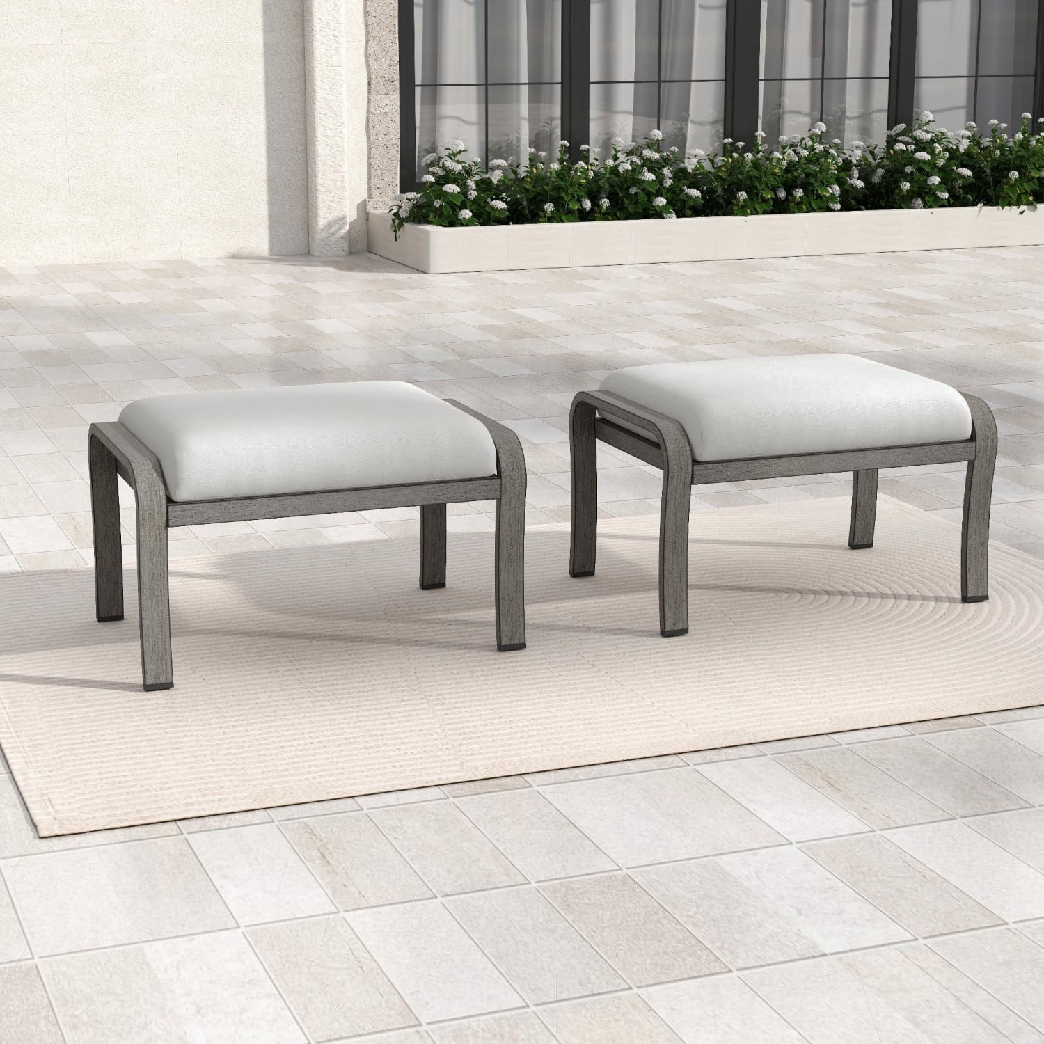 Set of 2 Outdoor Patio Ottomans, Aluminum Footstools with Cushions, Multifunctional Outdoor Seating or Side Table for Balcony, Deck, Backyard, Grey