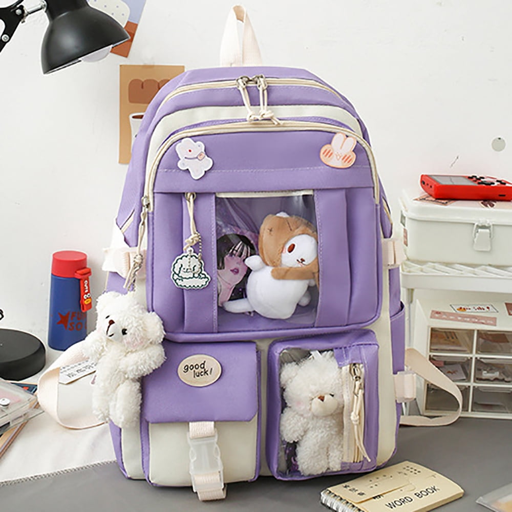 Sanmadrola 5PCS School Backpacks Cute Plush Bear Backpack Set with Pendants and Pins Accessories Kawaii Laptop Bag School Bags, Purple