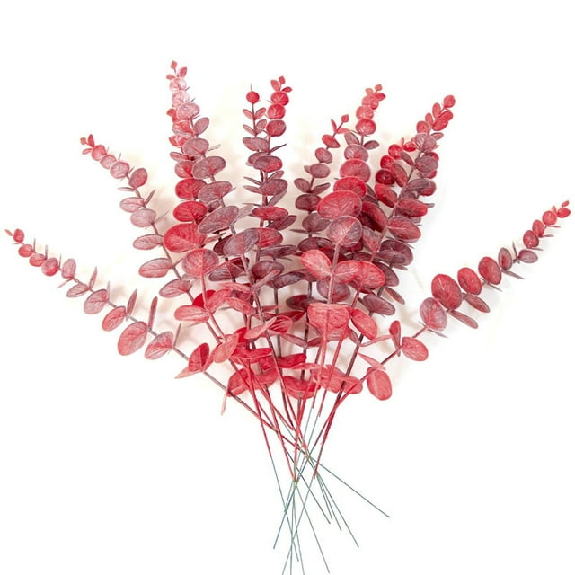Zhuge 18 piezas de tallos de eucalipto, tallos de hojas de eucalipto artificiales, flores artificiales para el hogar, oficina, ramo de flores, centro de mesa, rojo colgante escarcha