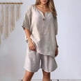 thumbnail image 5 of GILIGEGE Linen Sets for Women 2 Piece Summer Cotton Linen 2 Piece Short Set for Women Solid Color Summer Loose Short Sleeve Matching Set Shorts Lounge Beach Vacation Two Piece Outfits Tracksuits, 5 of 6