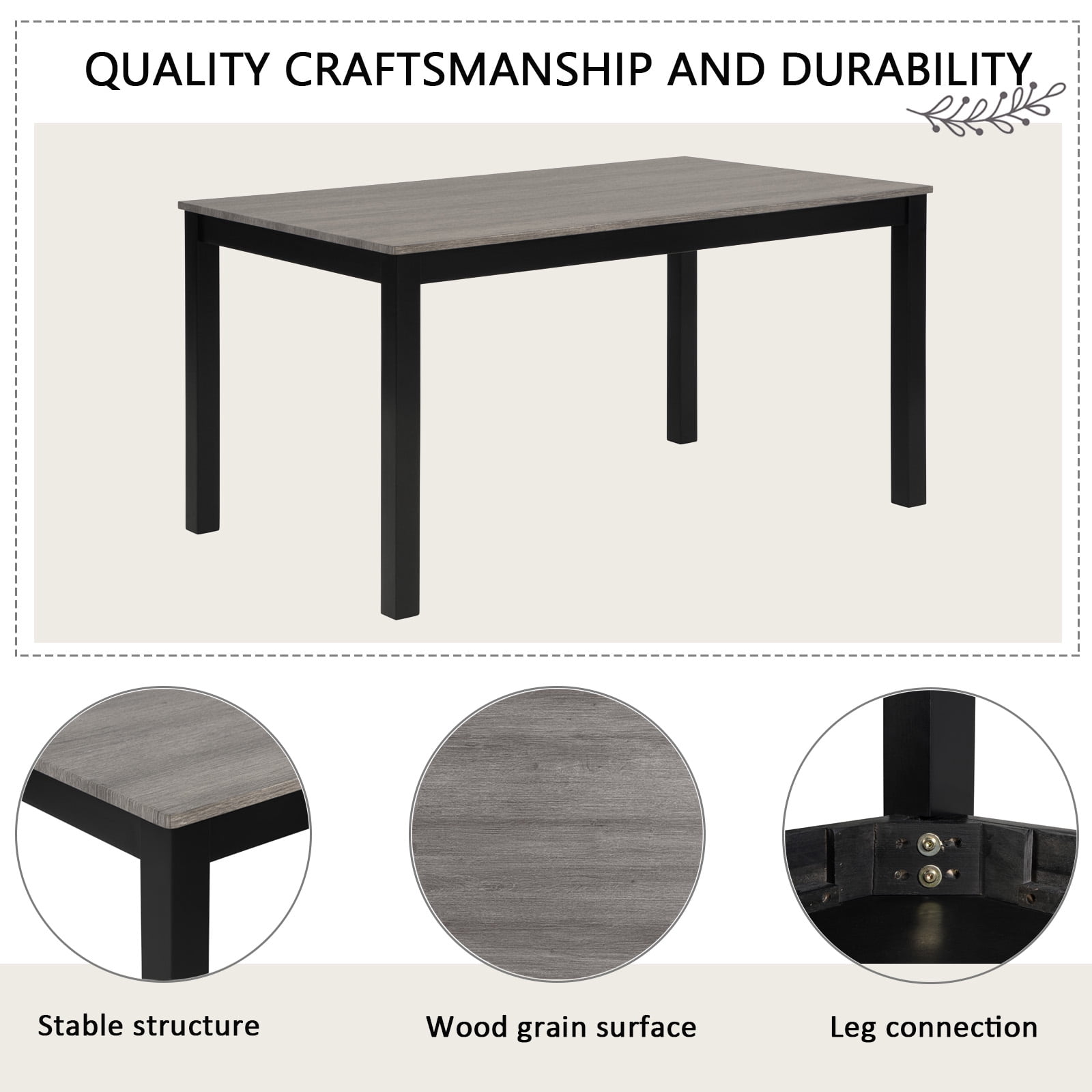 BSHTI 58.5" Wood Modern 6-Piece Dining Table Set with Fabric Upholstered Chairs, Bench, Rustic Design for Kitchen/Dining Room(Light Grey & Black)