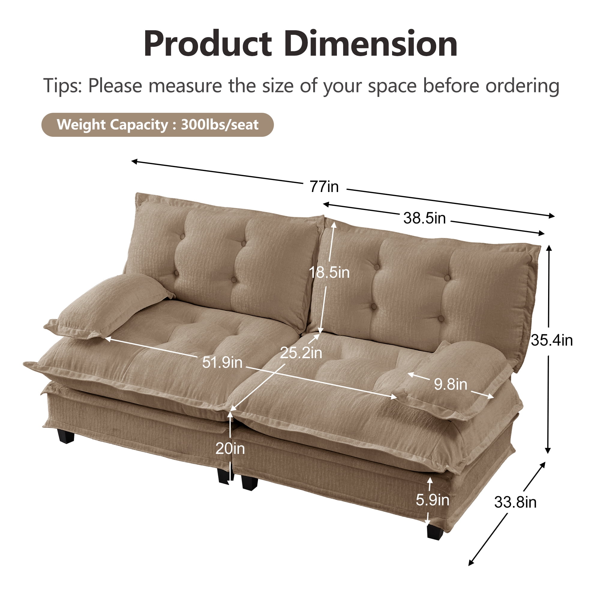 AISWORD 77" 2-Seater Modular Sectional Cloud Sofa, Chenille Fabric Deep Seat Couch with Lattice Decored Cushions