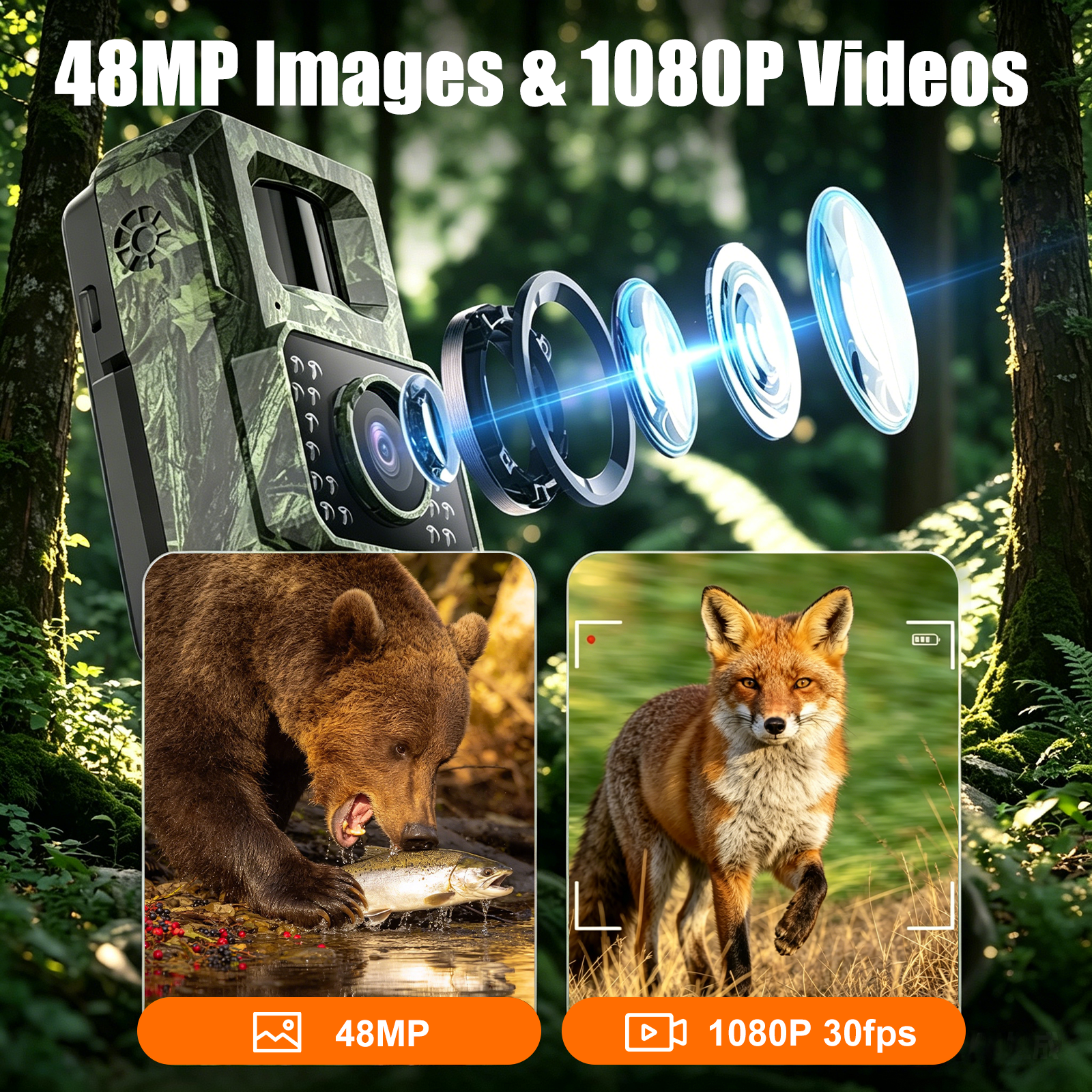 MAXDONE 48MP Bluetooth Trail Camera with 2000mAh Battery, Solar Panel, 32GB Memory Card