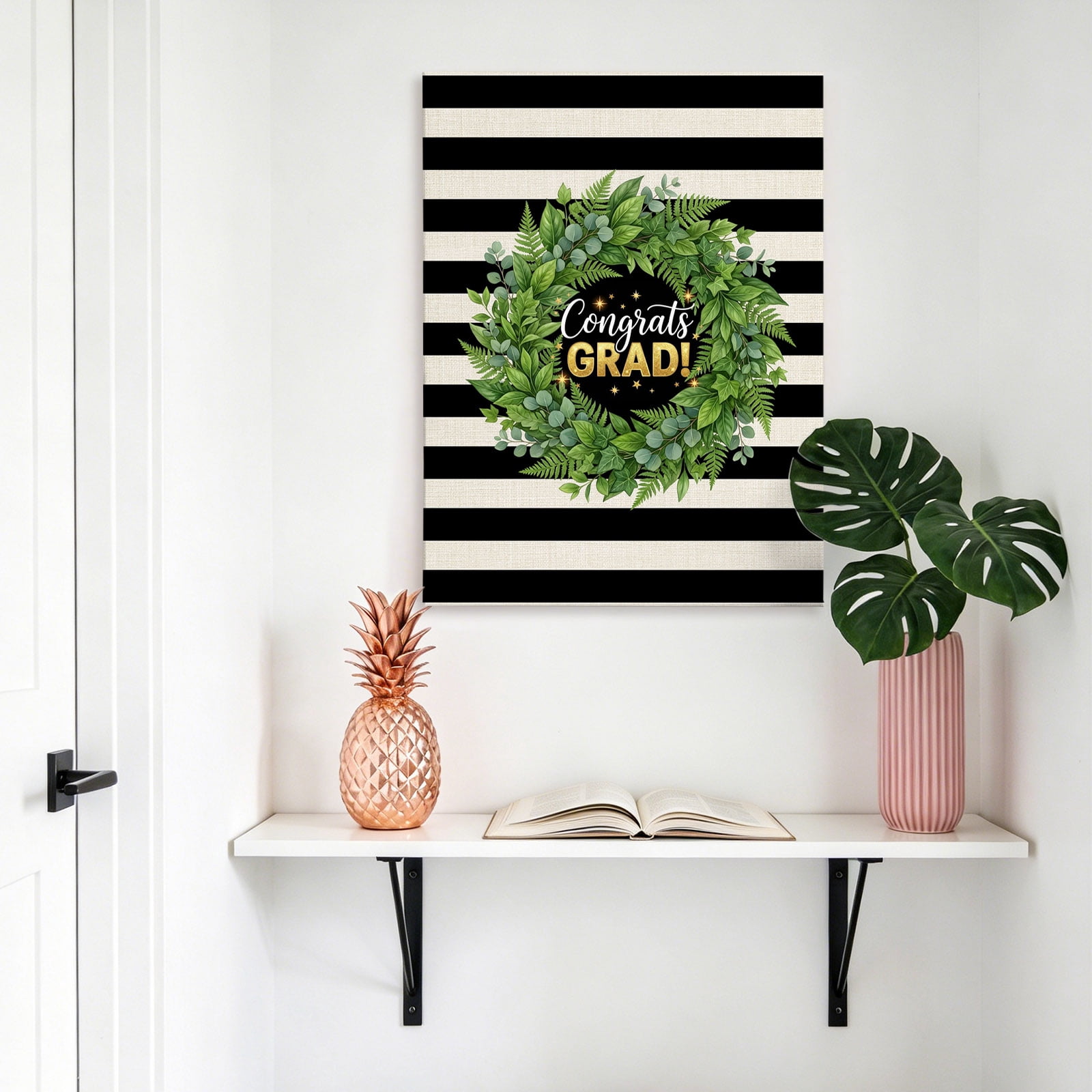 Graduate Season Canvas Wall Art for Living Room, Congrats Grad Bachelor's Cap Leaf Wreath Black Stripes Wall Decor Framed Artwork Pictures Ready to Hang for Bedroom Office Home Decor