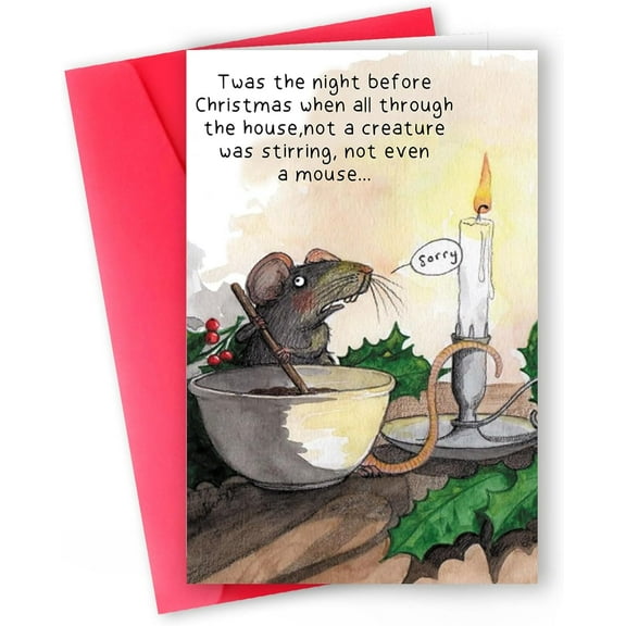 Humorous Christmas Card – “Twas the Night Before Christmas” Festive Design with Mouse Illustration – Envelope Included, Blank Inside – Perfect Holiday Greeting Card