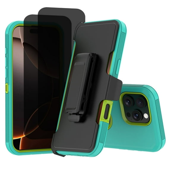 Hotpom for iPhone 15 Pro Max phone Case with 2 Pack Privacy Screen Protector Heavy Duty Shockproof Drop Proof Protection with Black Belt Clip, Green/ Yellow