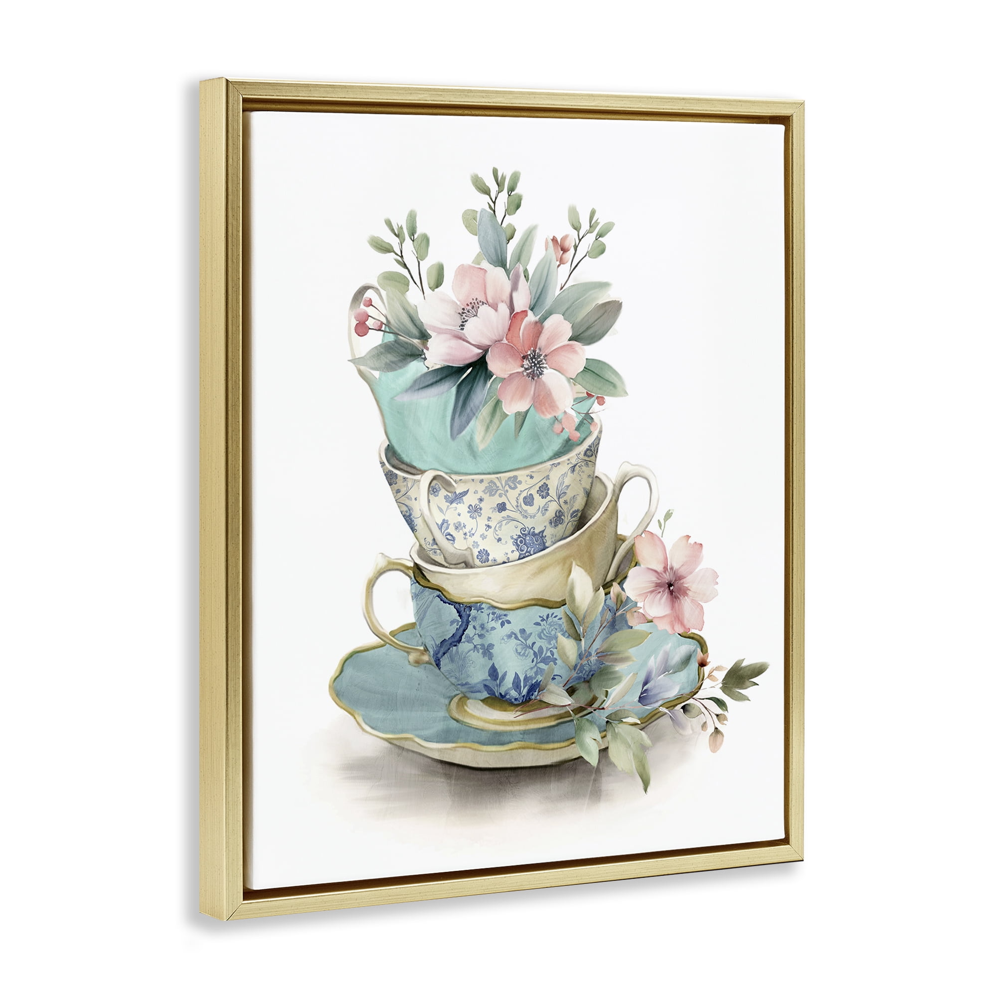 Stupell Industries Tea Cup Chinoiserie Blossoms Gold Framed Floater Canvas Wall Art, design by Kim Allen