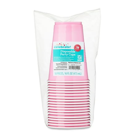 Plastic Disposable Party Cups, Lovely Pink, 16 oz, 18 Pieces, by Way To Celebrate