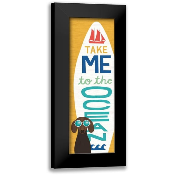 Mullan, Michael 7x14 Black Modern Framed Museum Art Print Titled - Beach Bums Dachshund Surf Board