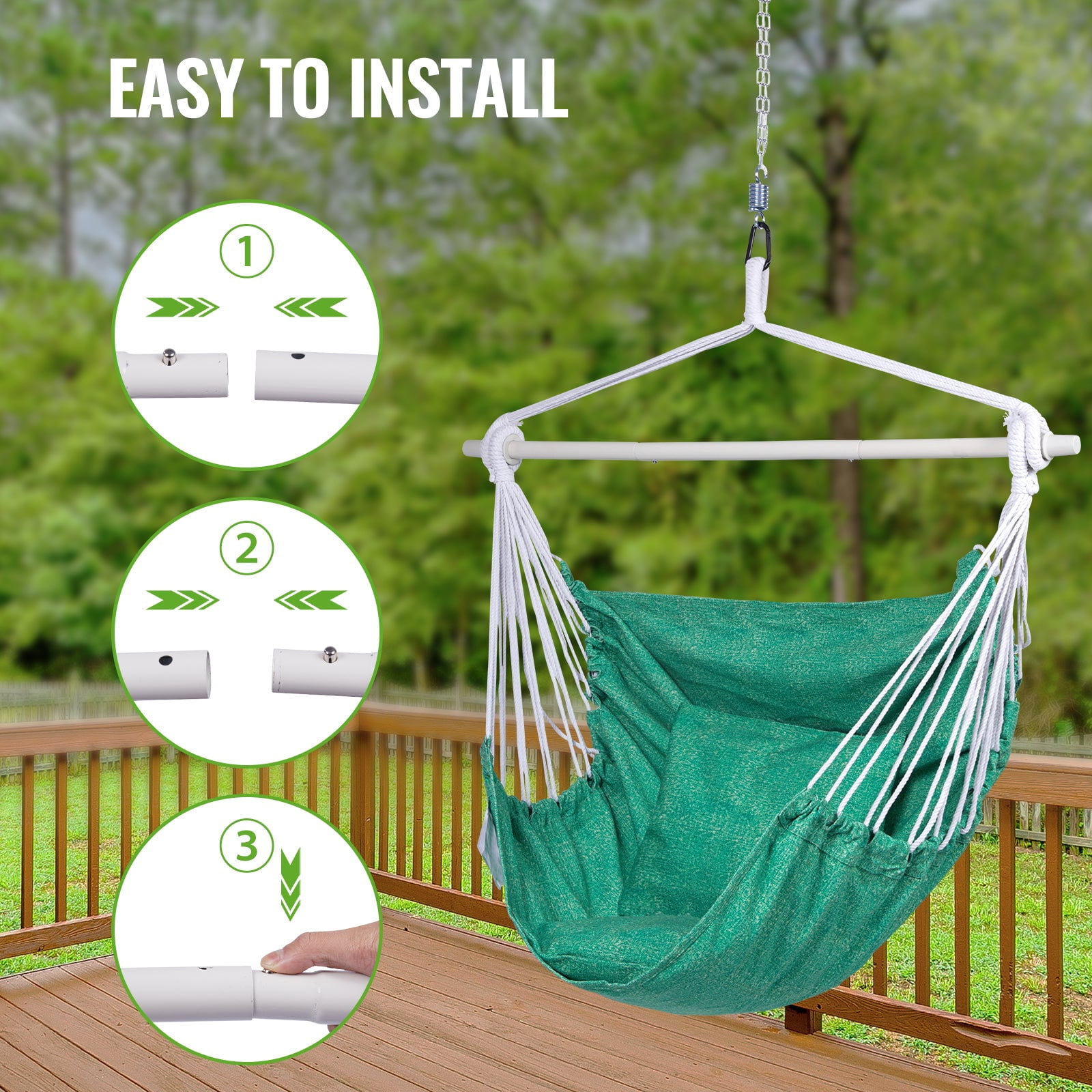 Backyard Expressions Hammock Chair Hanging Rope Swing Chair, 2 Pillows, Anti Slip Steel Spreader Bar