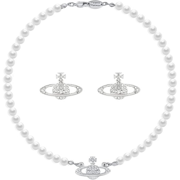 LAICAIW Silver Saturn Pearl Necklace White Pearl Choker Necklace for Women Rhinestone Pearl Planet Necklace Gifts for Mum Wife Girlfriend Valentine's Day Birthday Anniversary