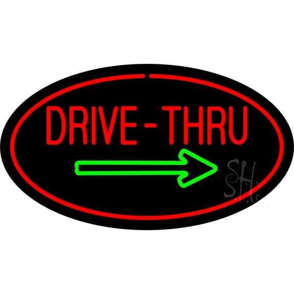 Drive-Thru Oval Red Green Arrow LED Neon Sign 20 x 37 - inches, Black Square Cut Acrylic Backing, with Dimmer - Bright and Premium built indoor LED Neon Sign for restaurant window and interior decor.