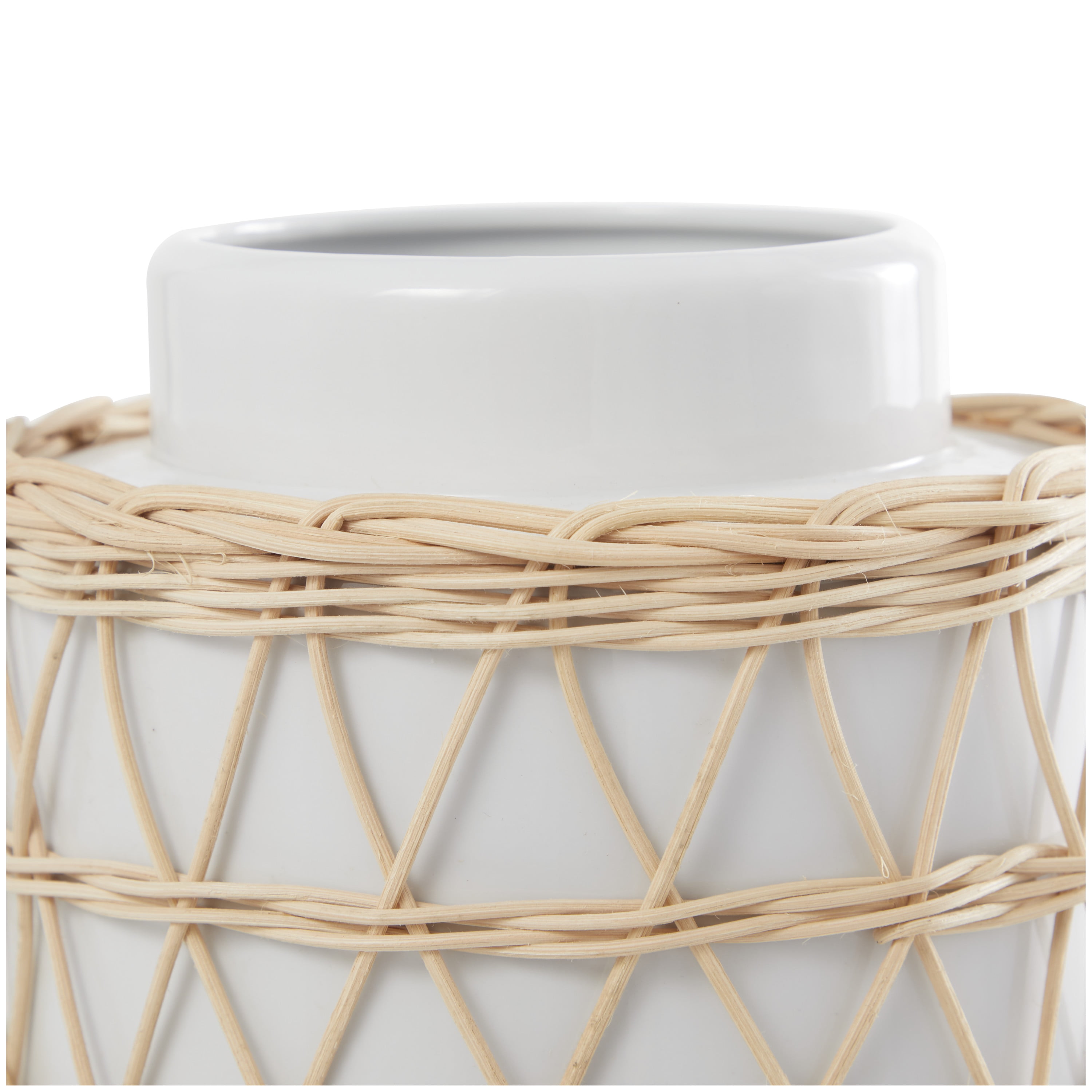 DecMode 15" Handmade White Ceramic Vase with Woven Rattan Exterior