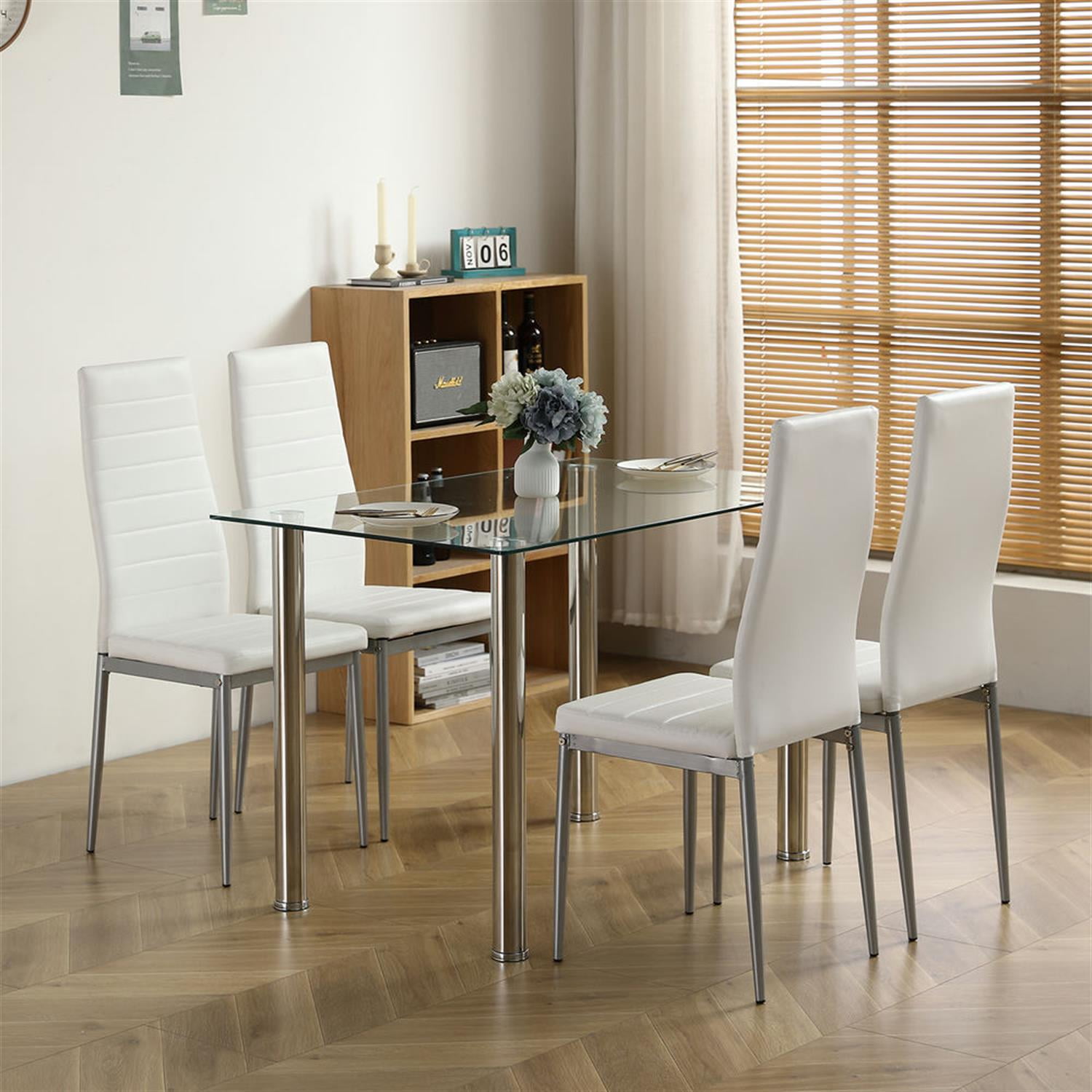 Demi Bonn 43" Dining Table Set with 4 Chairs & Tempered Glass Table for Kitchen, Silver Legs, Comfy Seating for 4 People, White