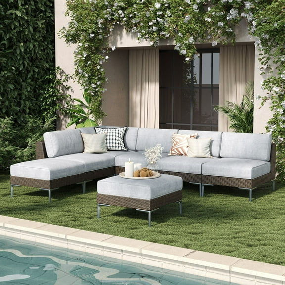 LayinSun 7-Piece Wicker Rattan Patio Furniture Set, Deep Seating Outdoor Modular Sectional Sofa Conversation Set with Thick Cushions for Lawn, Garden