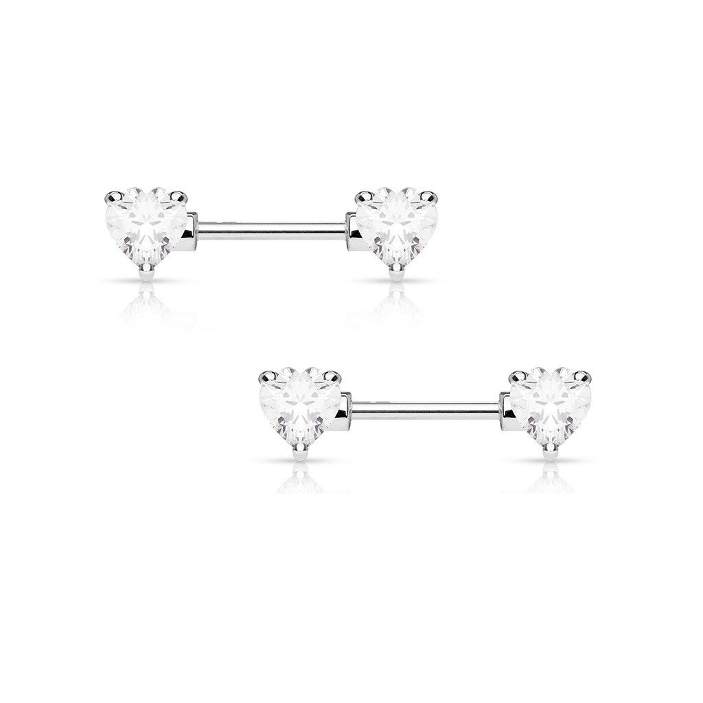 Pair of Double Heart Gem Nipple Rings Shields Barbells 14 Gauge 1/2" - 4 Colors