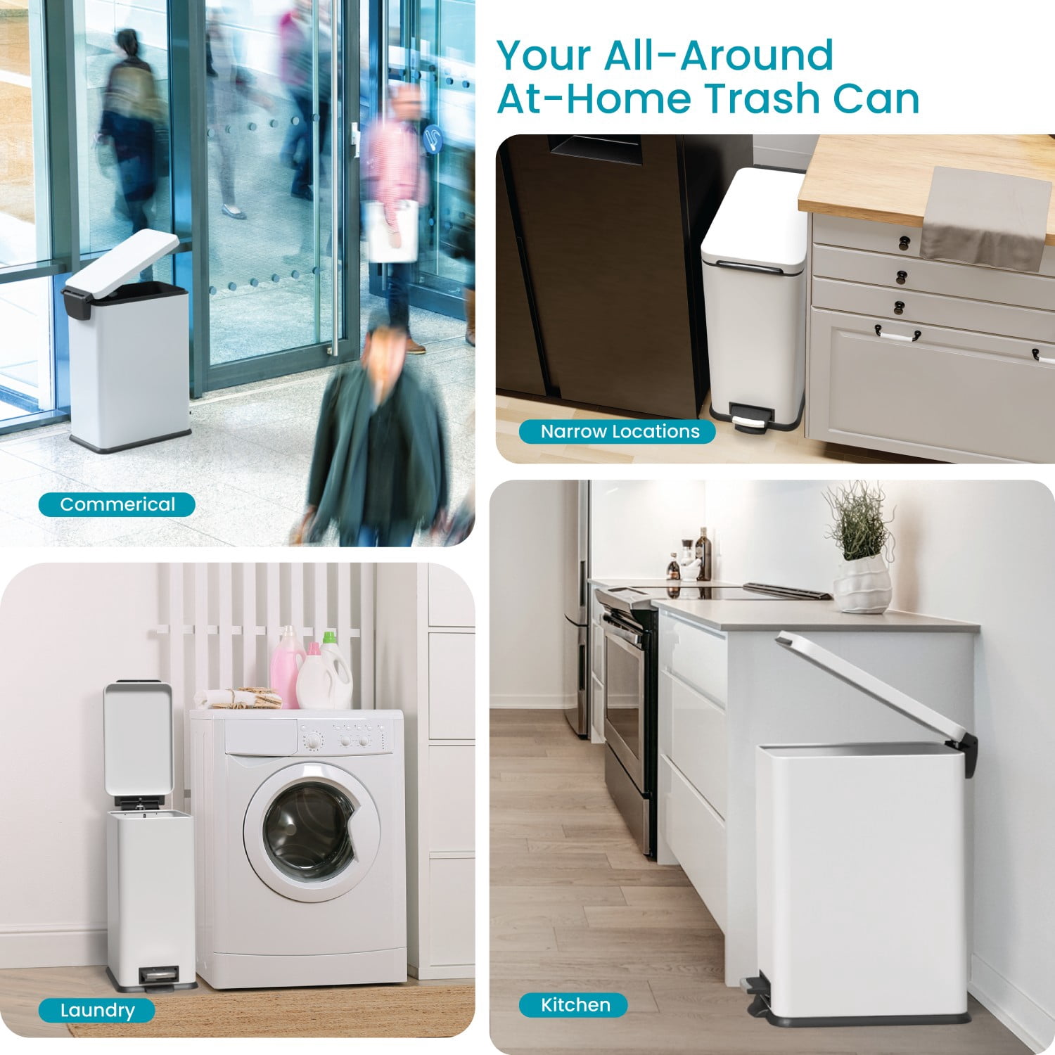 Home Zone Living 8 Gallon Slim Kitchen Trash Can with Step Pedal, Soft-Close Lid and Removable Liner, Stainless Steel, Matte White