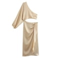thumbnail image 5 of European size women's new autumn 5-color asymmetric silk satin texture dress-rose red-L, 5 of 7