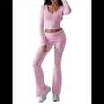 thumbnail image 3 of Conjunto Deportivo de 2 Piezas para Mujer, Camiseta de Larga, Pantalones Acampanados con Solapa, Chándal Informal, Rosa, Talla L, 3 of 8