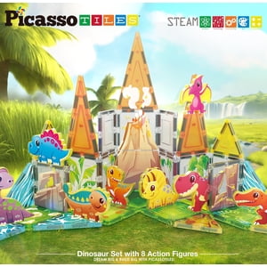 PicassoTiles Magnetic Tiles for Kids – Dinosaur Theme 38PCS STEM Educational Building Blocks Toy Set