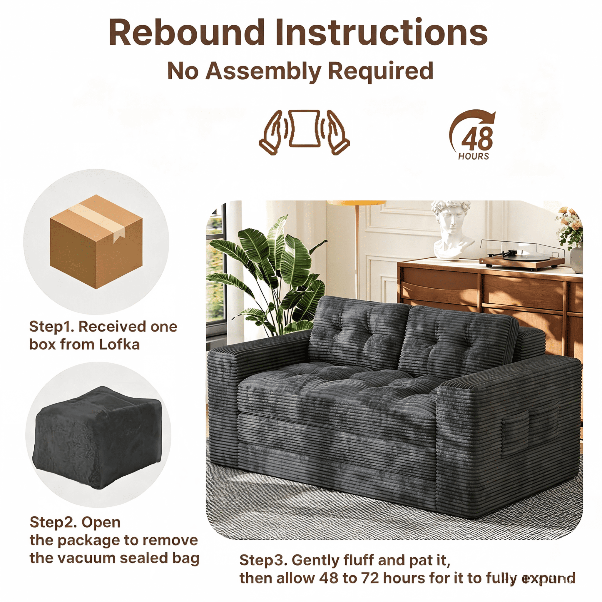 Boneless Loveseat, Lofka 59''Folding Floor Sofa Bed with 2 Pillows & Pockets for Small Spaces, Corduroy Cloud Sofa for Apartment Living Room, Gray