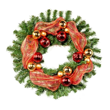 Noble House - 24-inch Noble Fir Pre-Lit Warm White LED Pre-Decorated Artificial Christmas Wreath - Green, Red, Gold