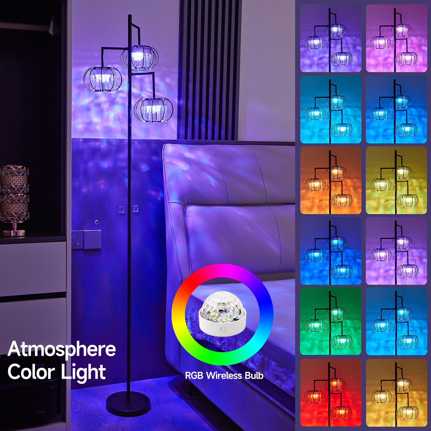 Crystal Floor Lamp with Wireless Rechargeable RGB Bulb, 15 Color Modes, Remote-Controlled Standing Light for Bedroom and Living Room