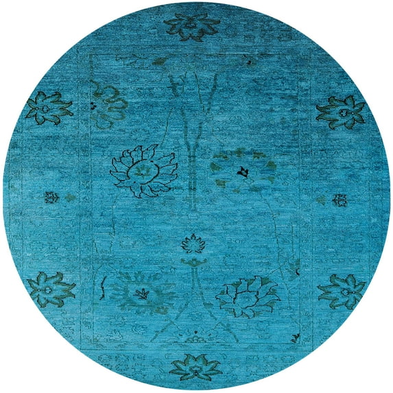 Ahgly Company Indoor Round Mid-Century Modern Deep SkyBlue Oriental Area Rugs, 5' Round