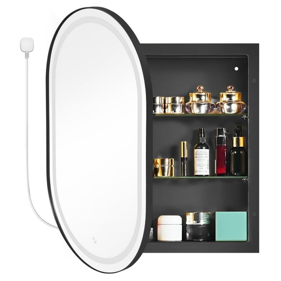 34"x 20" Bathroom LED Mirror Medicine Cabinet with Lights, Recessed or Wall Mounted Bathroom Vanity Mirror with 2 Adjustable Storage Shelves, Defogger, Dimmable, Memory Function, Outlets & USB,Black