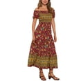 thumbnail image 4 of INSPIRE CHIC Women's Boho Dress Puff Short Sleeves Off-Shoulder Floral Smocked Maxi Sundress XS Red, 4 of 6