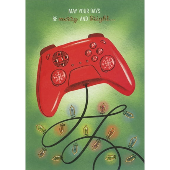 Designer Greetings Red Gaming Controller with String of Gold Foil Lights Funny / Humorous Christmas Card with Sliding Panel