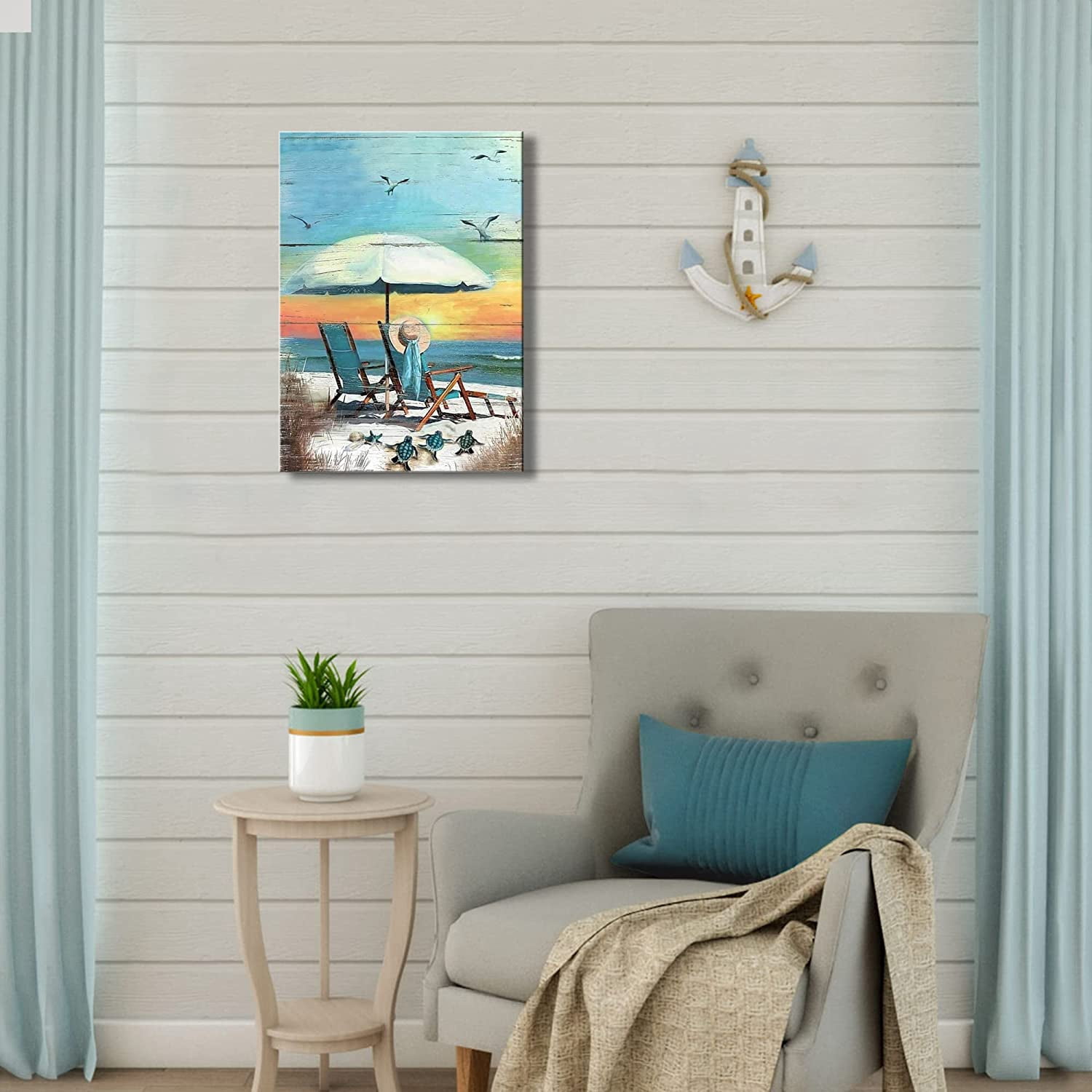 Beach Canvas Wall Art for Bathroom Wall Decor Seaside Turtle Seagull Ocean Picture Print Sunset Painting Framed Artwork for Modern Home Bedroom Decor 12x16 inch