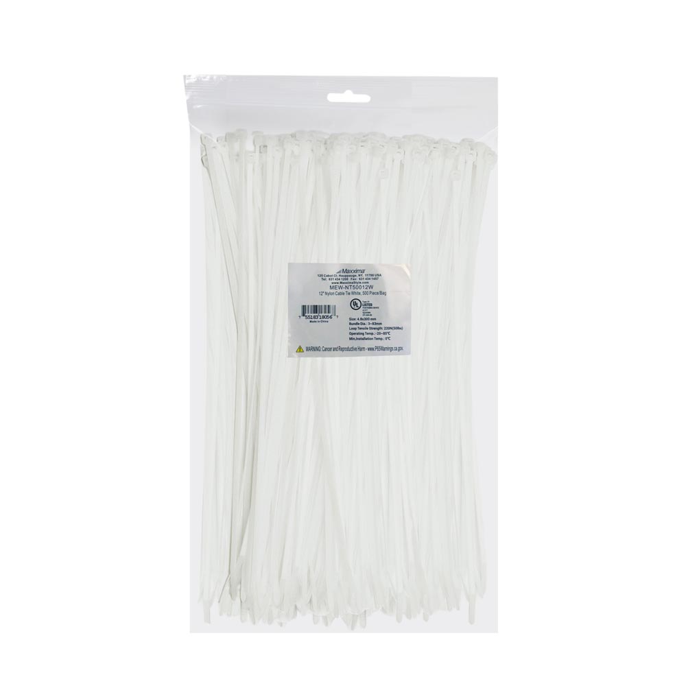 Maxxima 12 Inch Nylon Heavy Duty, Ultra Strong, Multipurpose Cable Zip Ties 500 Pack, White