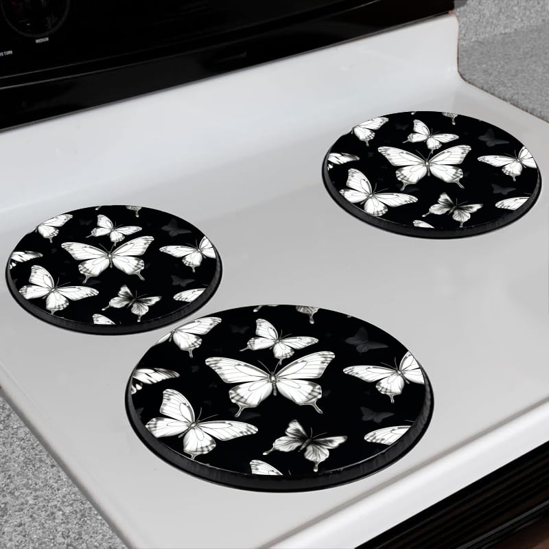 Bahomeck Electric Stove Burner Covers Set Of 4,Black And White Butterflies On Black Background Metal Gas Stove Burner Covers,Protecting Gas Stoves,8 Inch And 10 Inch