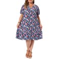 thumbnail image 2 of Agnes Orinda Women's Plus Size Sundress Floral Print V Neck Short Sleeve Flowy Boho Beach Vacation Summer Midi Dresses with Pocket 2X Dark Blue, 2 of 6