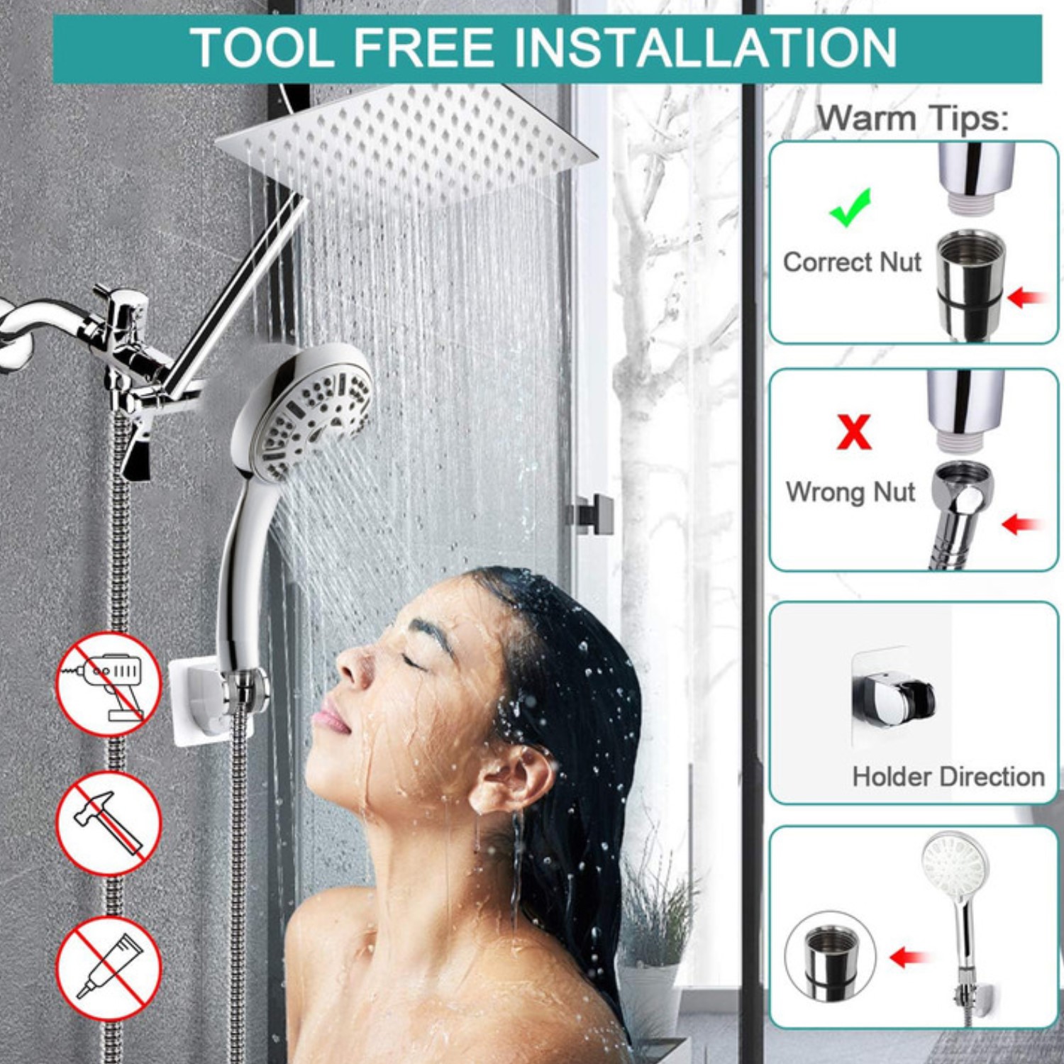 BN-LINK 8-Inch Rain Shower Head Combo with 9 Spray Patterns photo 7