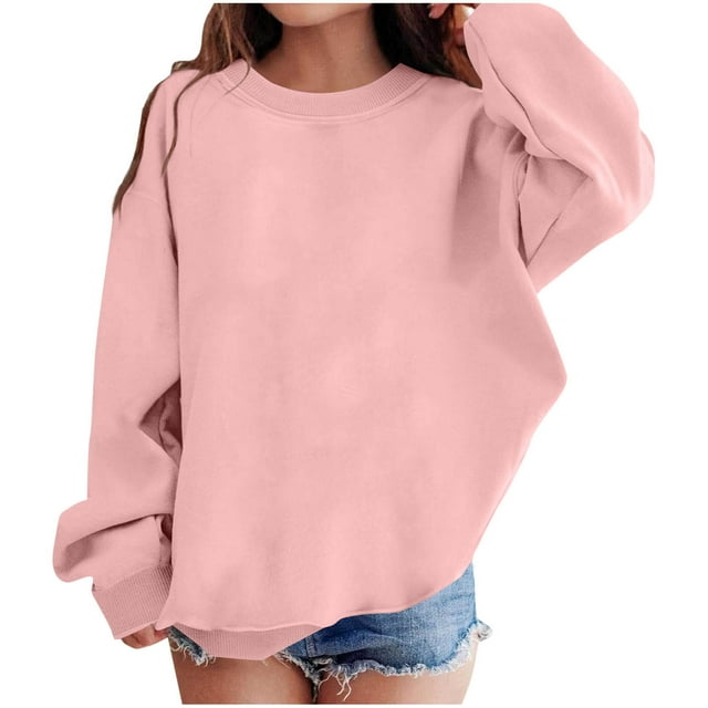Lovzfmll Girls' Solid Color Ribbed Cuff Long Sleeve Sweatshirt, Casual Drop Shoulder Pullover Top for Fall/Winter for Little Girls 5-6 Years