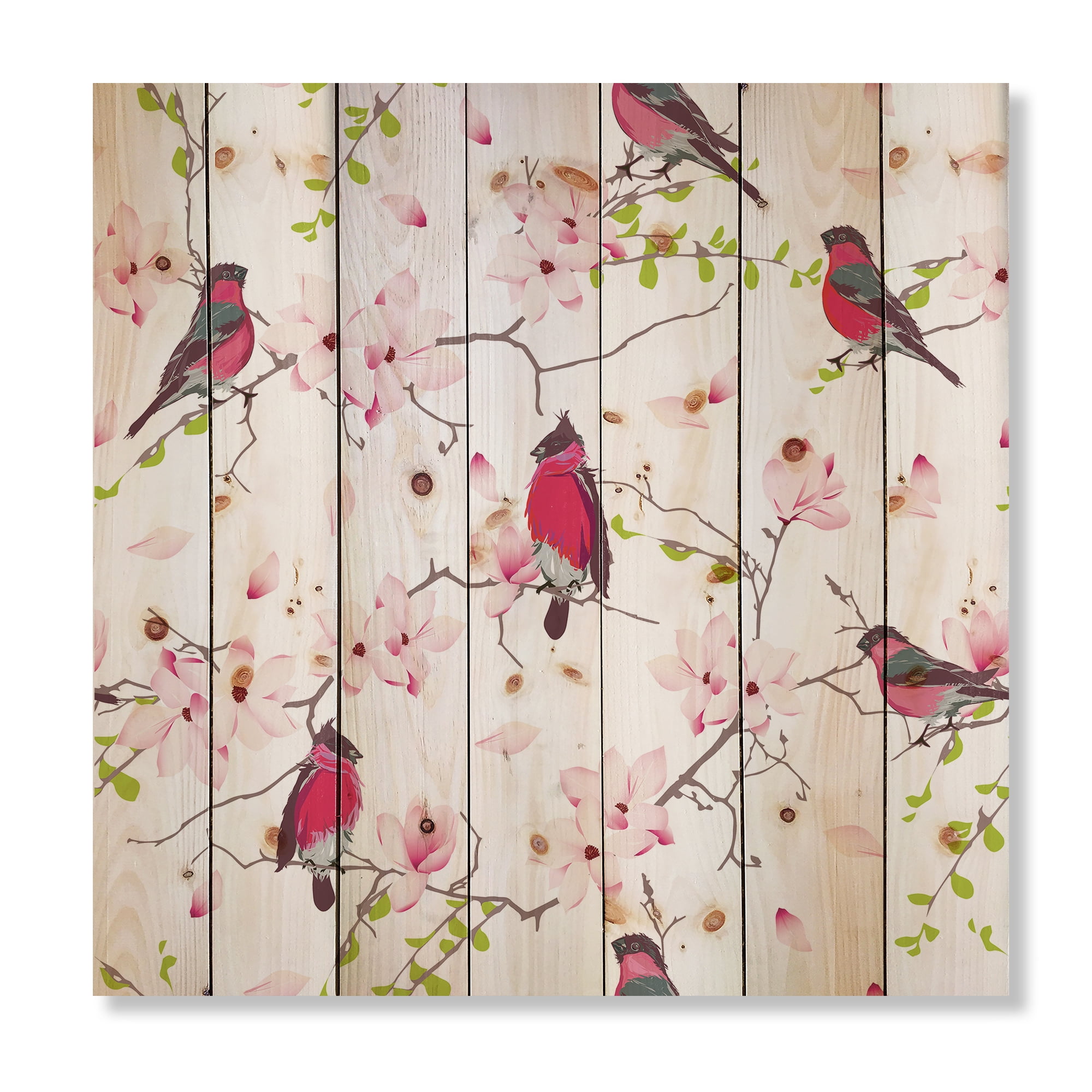 Designart 'Red Bullfinches Sitting On Magnolia Tree' Traditional Print on Natural Pine Wood
