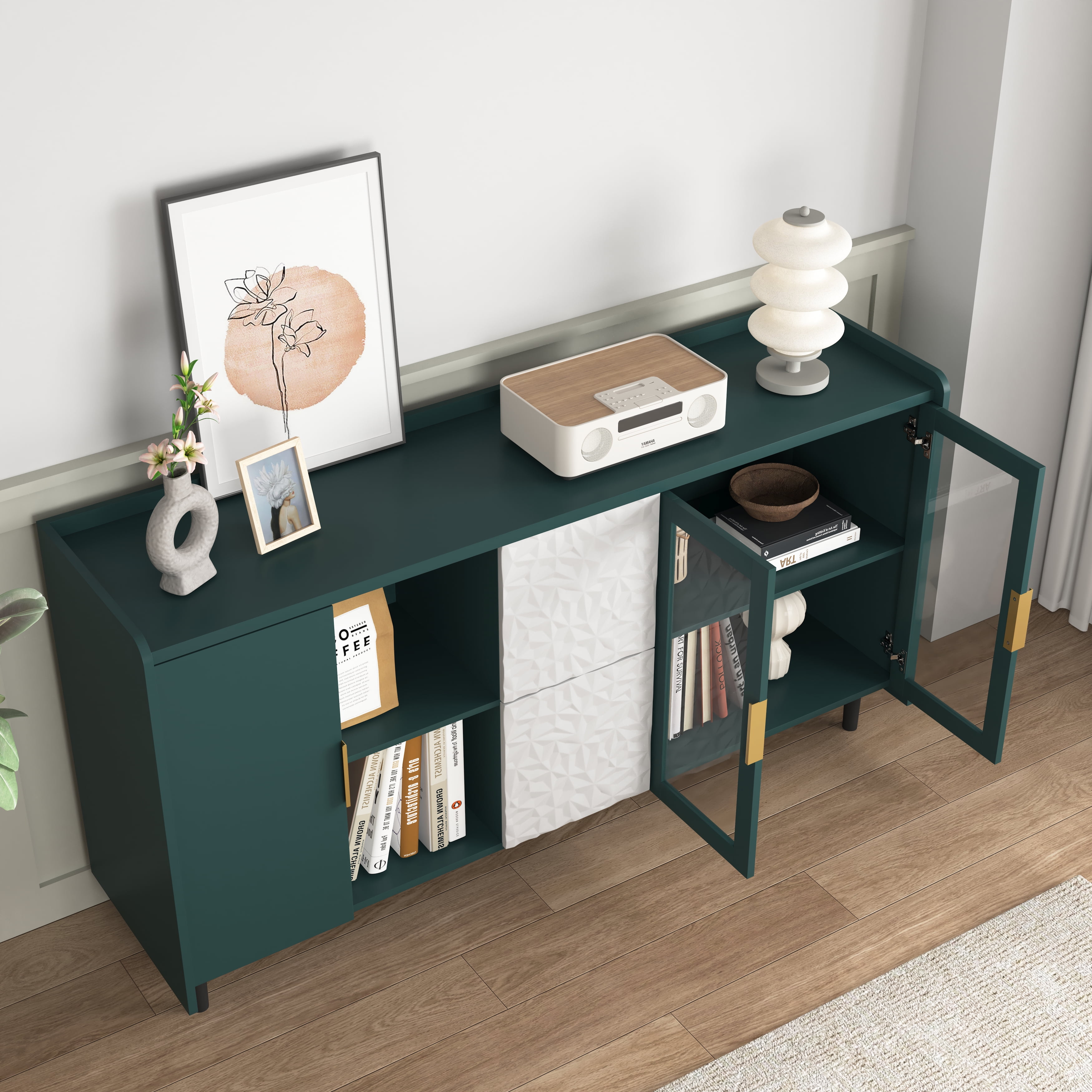 MAYEERTY Green Kitchen Pantry Storage Cabinet, 55" Coffee Bar Cabinet with Glass Doors & Drawers