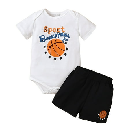 

Boys Short Sleeve Letter Ball Print Romper Sport Short Pants Outfits