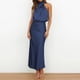 thumbnail image 3 of Vestido largo de satén para mujer con cuello alto, sin mangas y abertura lateral - Vestido formal/informal de noche para bodas/cócteles, 3 of 8