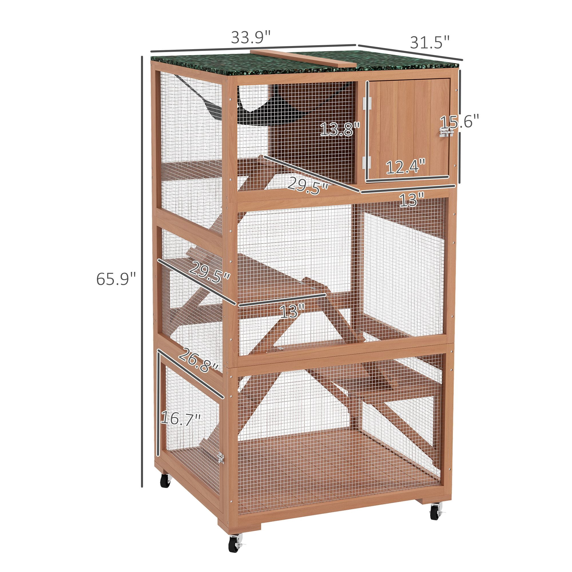 PawHut Outdoor Catio Enclosure, Fir Wood Cat Cage with Hammock, Ramps & Sleeping Box, Mobile Catio on Wheels for Patio or Yard, 33.75"L x 31.5"W x 66"H, Orange