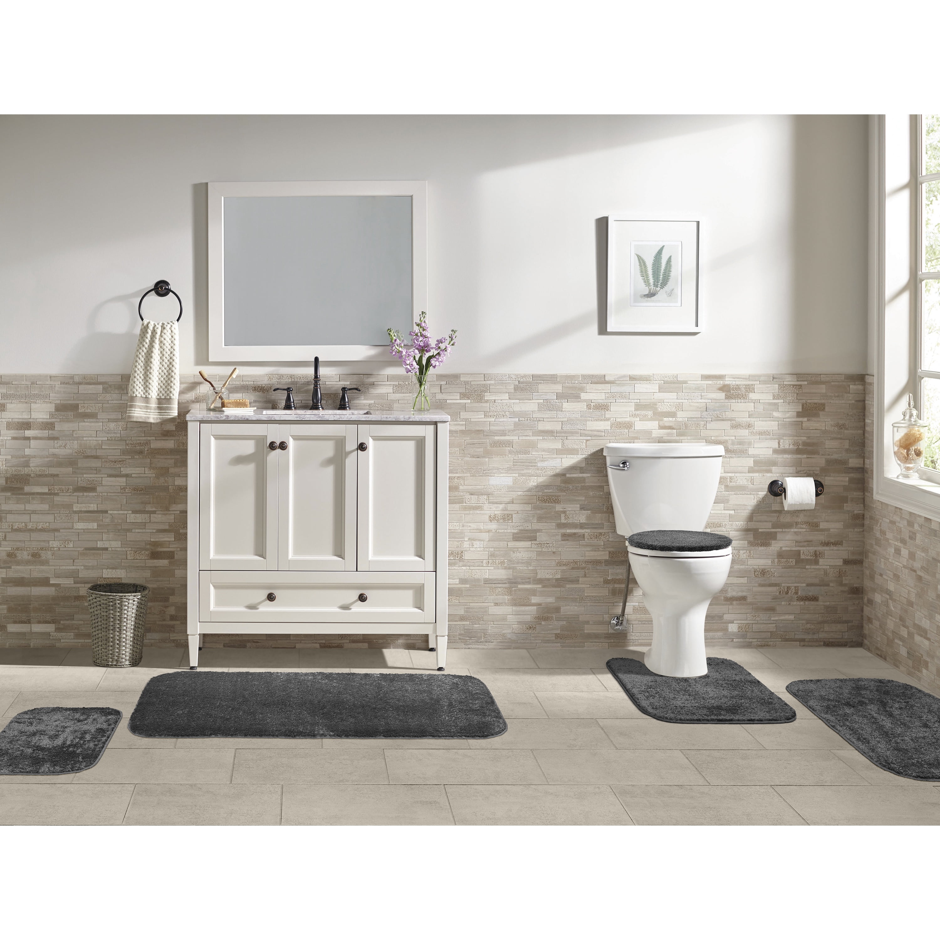 Garland Rug Gramercy Washable Bath Rug Set, 5 Piece (2 Bath Rugs, Contour, Lid Cover, & Runner Rug) Cinder Gray