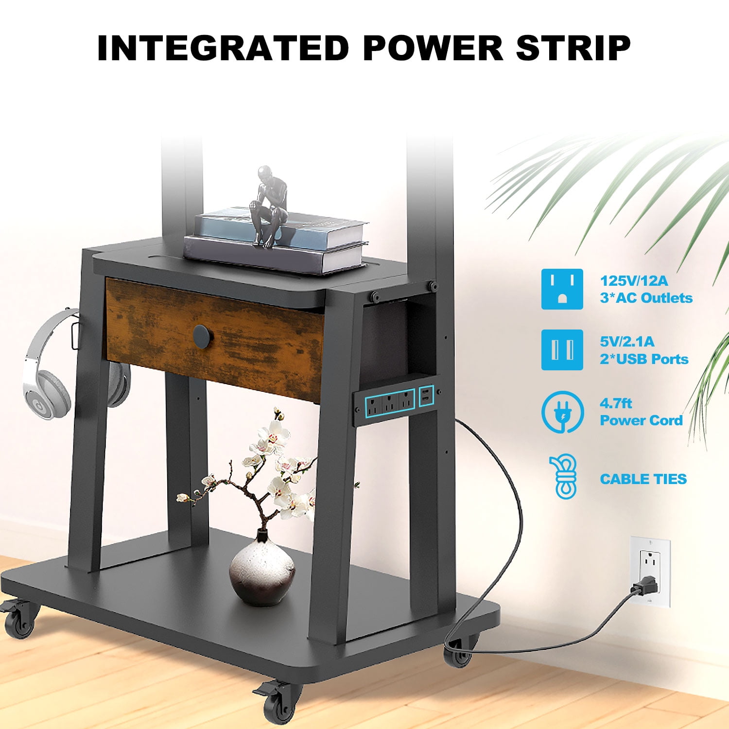 Hellsehen Rolling TV Stand with Fabric Drawers Power Outlet Adjustable Height for 32-75 inch Flat Screens Black Retro
