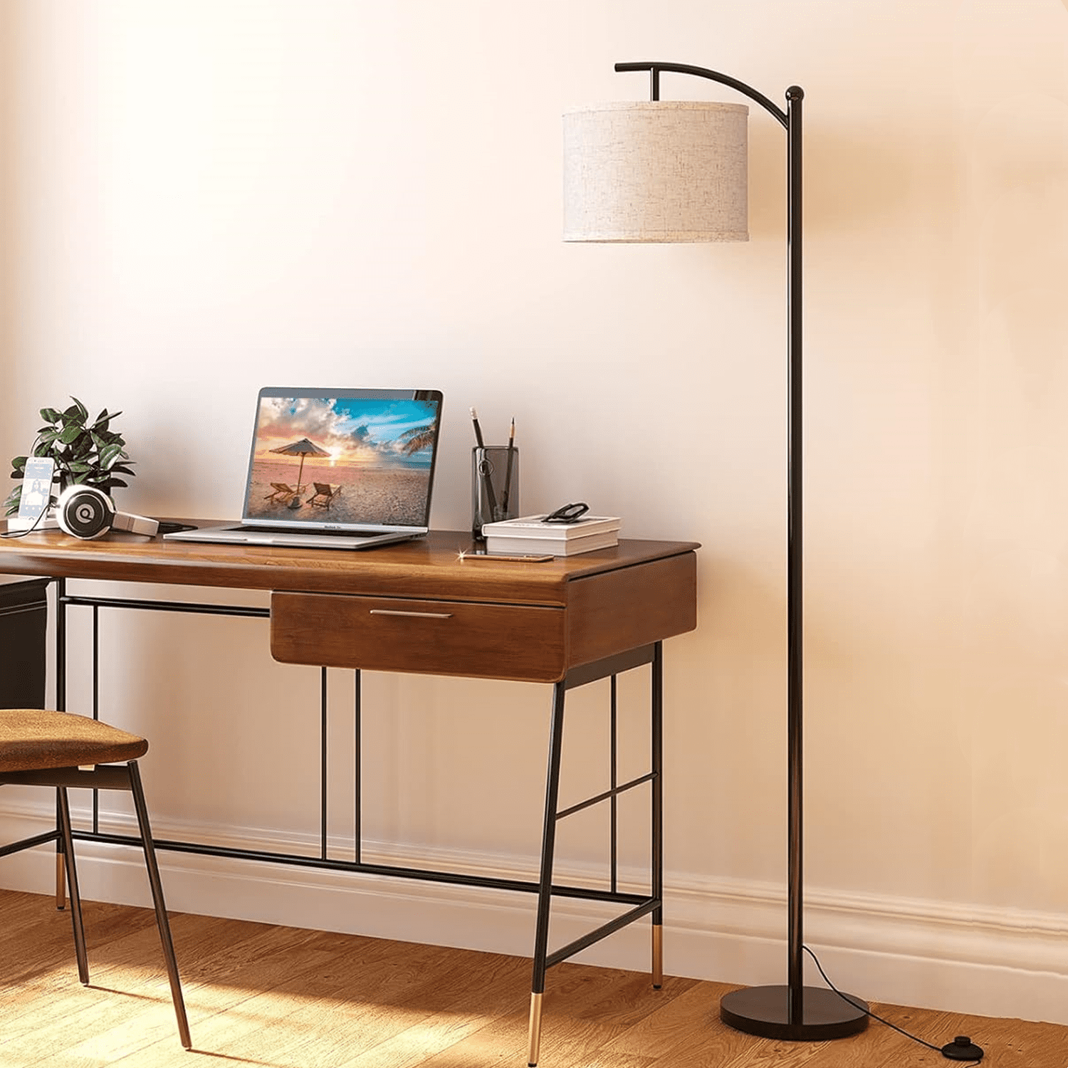 Floor Lamp for Living Room with 3 Color Temperatures, standing lamp with Linen lampshade for Bedroom, Office, Lamps with 9W LED Bulb Included - Black with Beige Lampshade