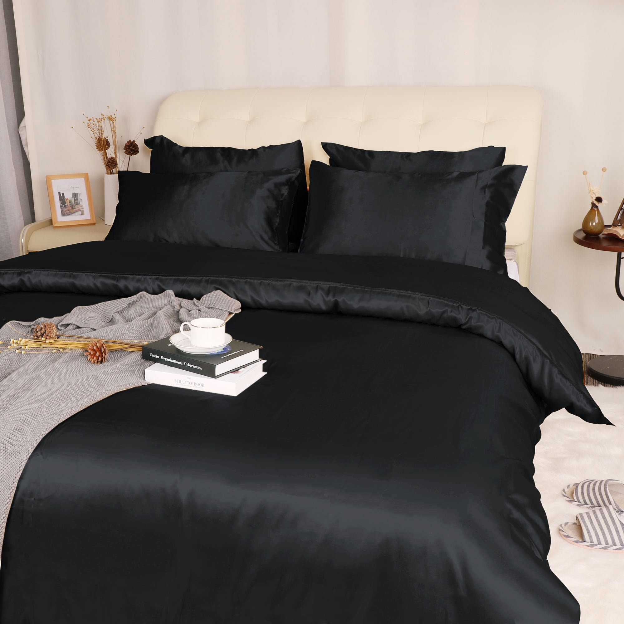REGALWOVEN 3Pcs Satin Duvet Cover Set with 2 Pillowcases, Black Queen